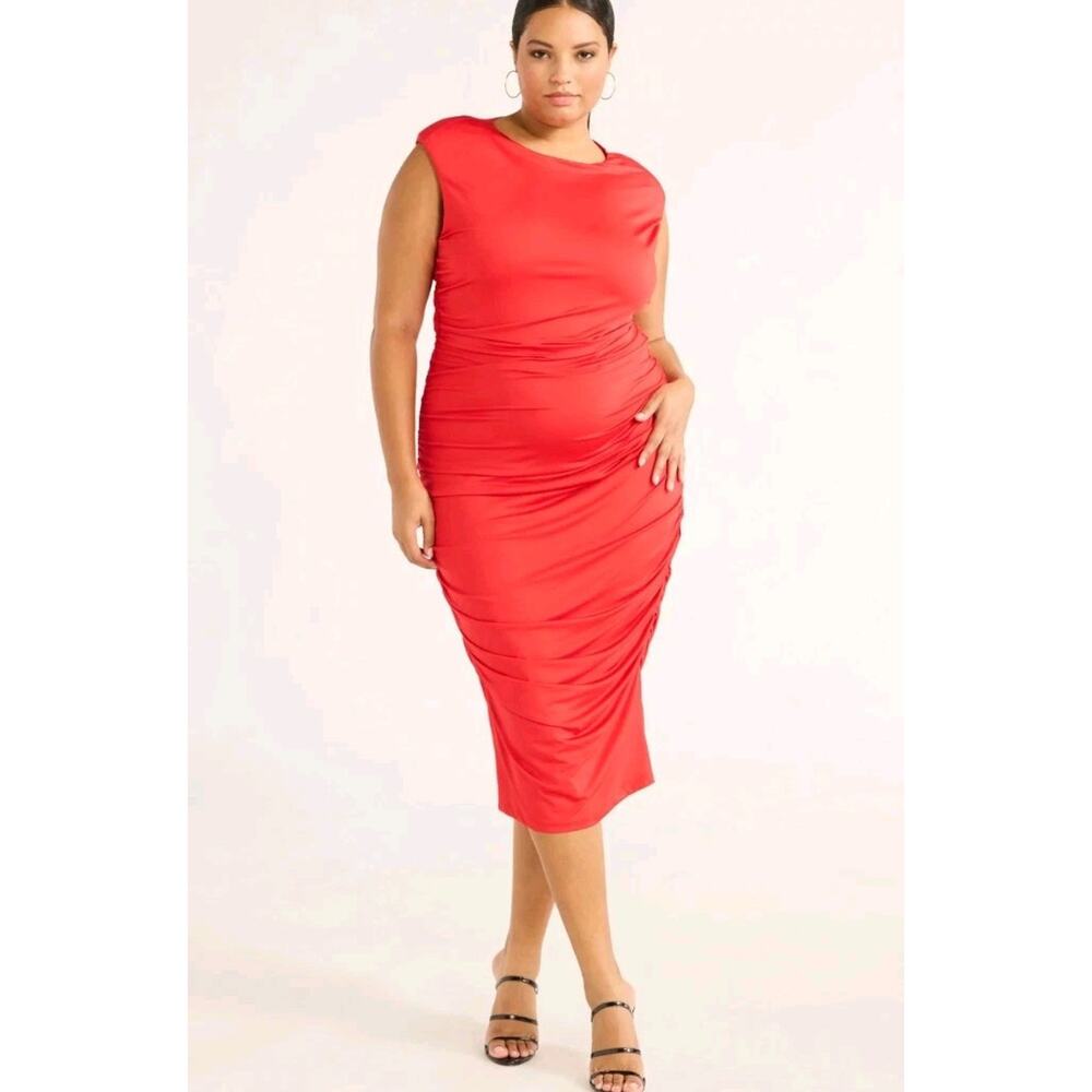 Sofia Vergara Red Ruched Dress Bodycon Midi Sheath Cut Out Women XL Stretch plus - Picture 1 of 13